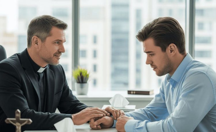 A male Christian chaplain comforting a client in a corporate setting, representing the Master of Arts in General Chaplaincy.