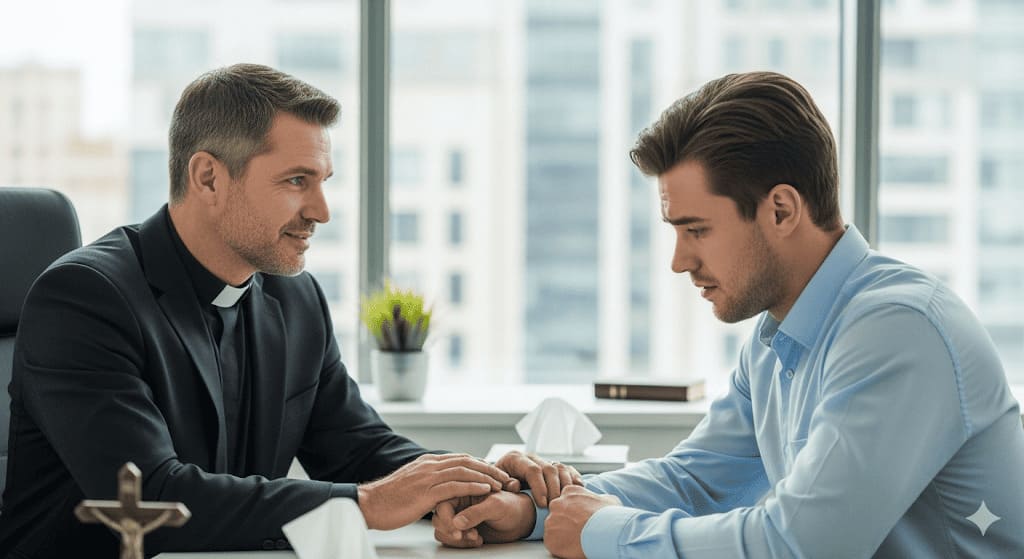 A male Christian chaplain comforting a client in a corporate setting, representing the Master of Arts in General Chaplaincy.