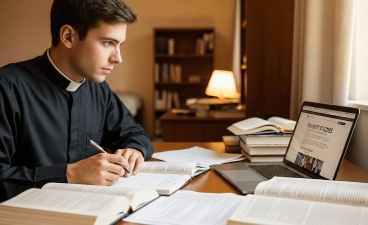 A male college in a clerical shirt and collar at his desk researching the topic of Master of Divinity.