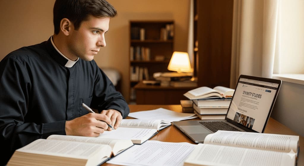 A male college in a clerical shirt and collar at his desk researching the topic of Master of Divinity.