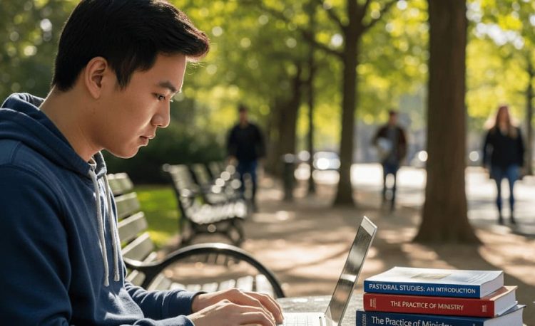 An Asian college student sitting on a park bench studying from his laptop, with books on Pastoral Studies next to him.