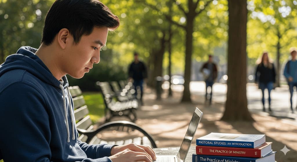 An Asian college student sitting on a park bench studying from his laptop, with books on Pastoral Studies next to him.