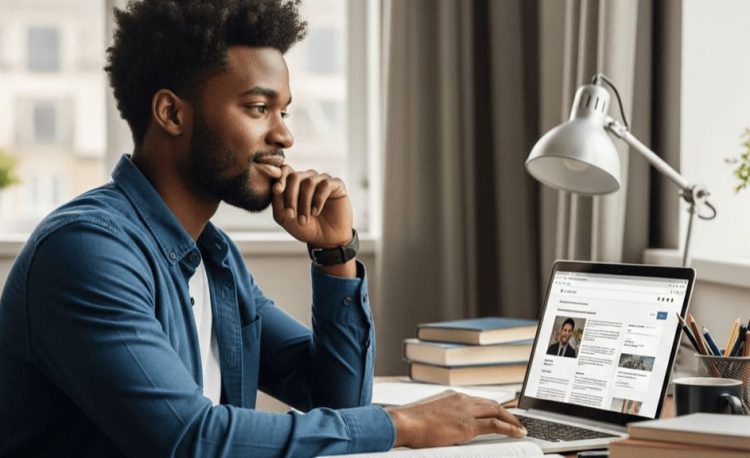 A college student at his desk looking at his open laptop.