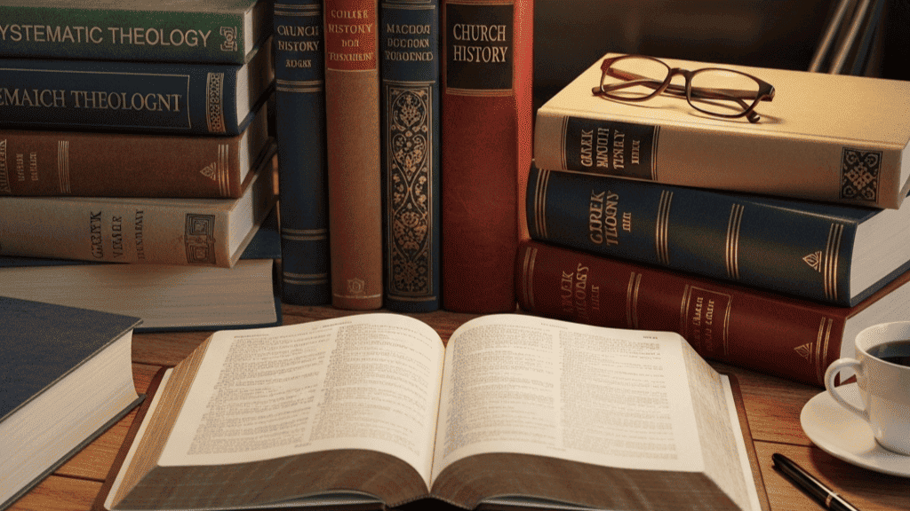 An open Bible and theological books on a desk, symbolizing in-depth study of Christian theology.