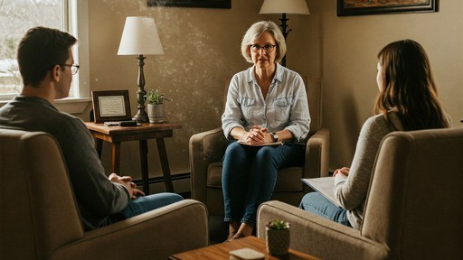 A Christian counselor compassionately listening to a client in a supportive setting, representing Christian counseling.