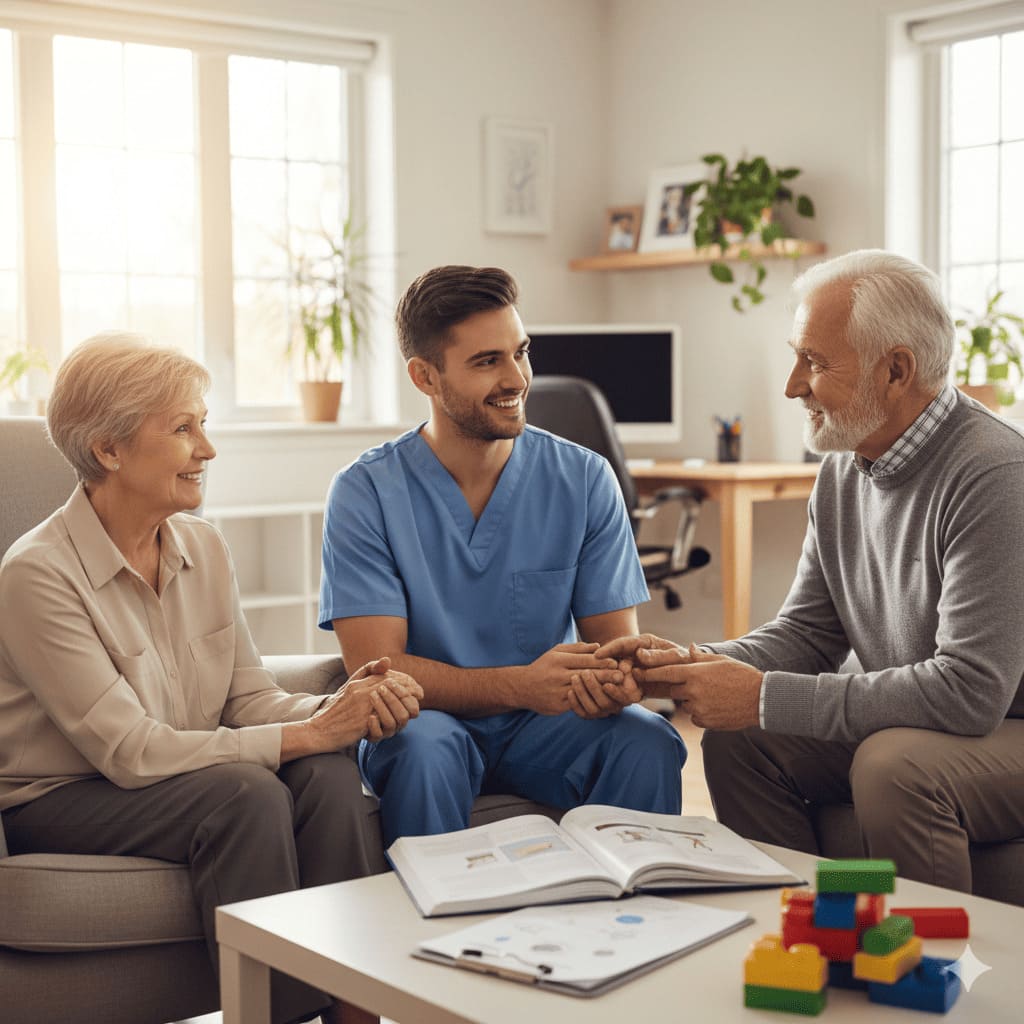 A Home Care support worker talking with an elderly couple in a comfortable home environment.