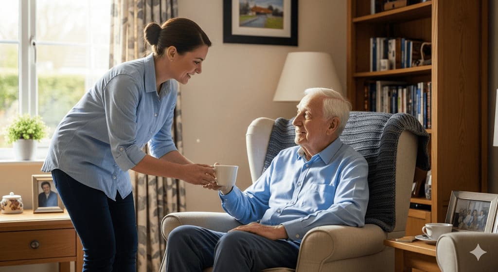 A home care support worker assisting an elderly gentleman in a warm, home 